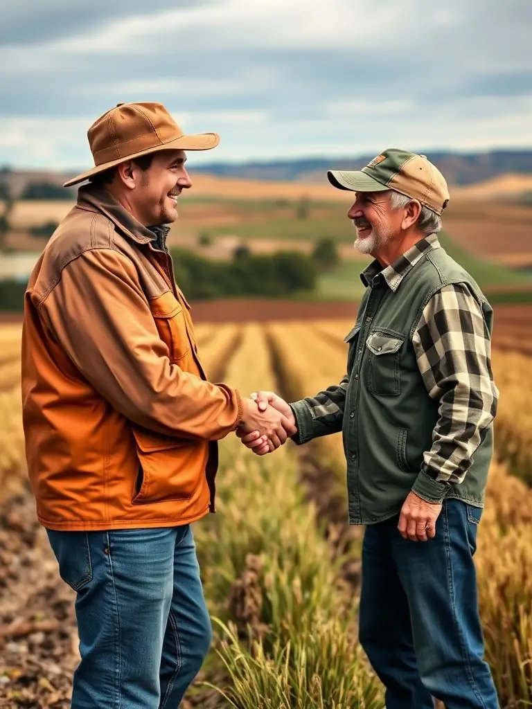 A hunter respectfully interacting with a local landowner, highlighting the importance of community relations and responsible access to hunting areas.