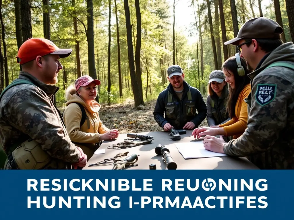 A group of hunters participating in a hunting education workshop, focusing on wildlife identification and ethical hunting practices, set in a natural outdoor environment.