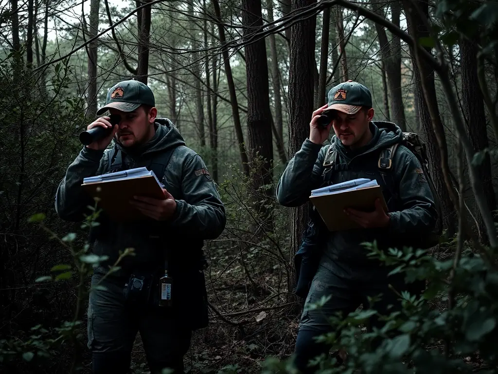 An ACCAMC member patrolling the hunting grounds, looking for signs of poaching activity, with a focus on conservation and wildlife protection.