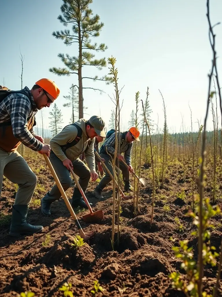 A group of hunters cleaning up a forest area, showcasing their dedication to maintaining the natural environment and promoting responsible hunting.