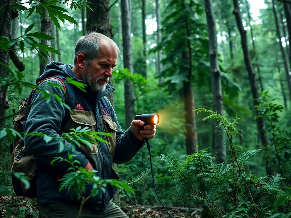 A ranger patrolling a forest area, looking for signs of poaching activity, with an emphasis on the use of technology and surveillance to protect wildlife.