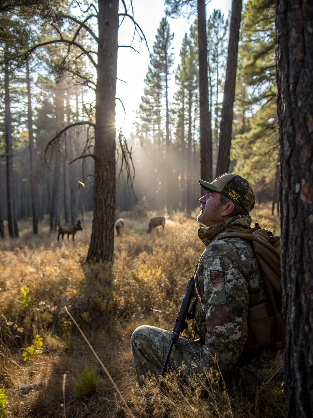 A hunter carefully observing wildlife through binoculars in a serene forest setting, emphasizing the importance of observation and respect for nature.